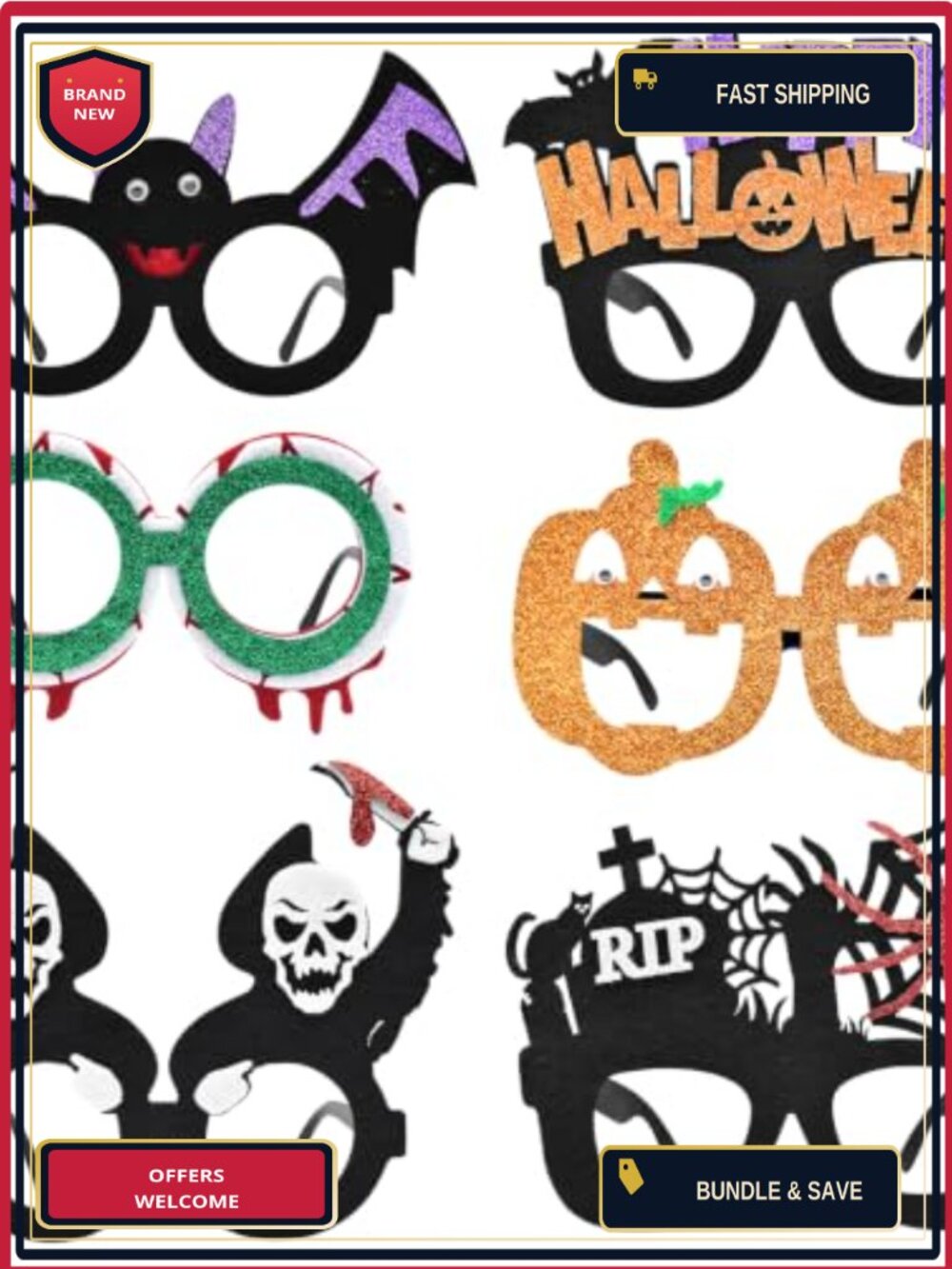 6 Pack Halloween Glitter Felt Plastic Party Glasses Photo Booth Props Set